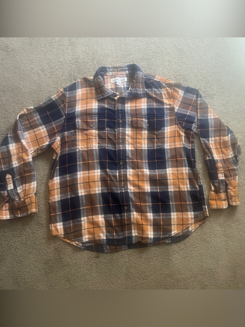 Old Navy Plaid flannel Button-Down Shirt - Orange & Navy. 28”L x 25”W